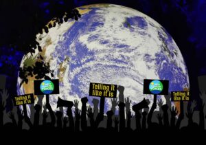 protesters in front of a replica of the globe