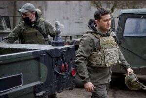 President Zelenskyy of Ukraine in battle gear