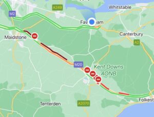 map showing traffic on M20, Kent